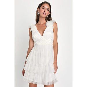 Lulus Fabulous Behavior White Mesh Swiss Dot Tiered Mini Dress - Size S